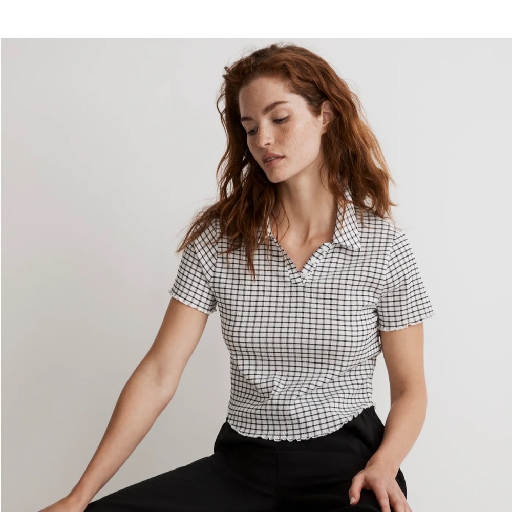 Madewell Black and White Checked Short Sleeve Polo Tee